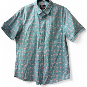 Men's Teal Short-Sleeve Button-Down Shirt with Pink Flamingo Print